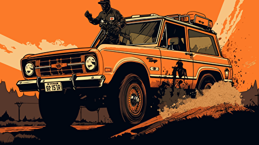 vector art style, OJ in a Bronco running from police, in the style of Michael Parks,