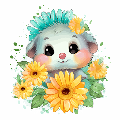 cute with flowers, detailed, cartoon style, 2d watercolor clipart vector, creative and imaginative, hd, white background