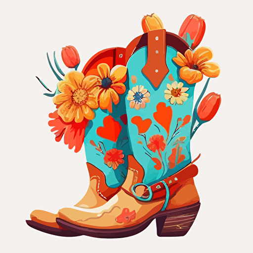 brightly colored cowgirl boots in cartoon style drawing with hearts and flowers on a white background flat vector drawing