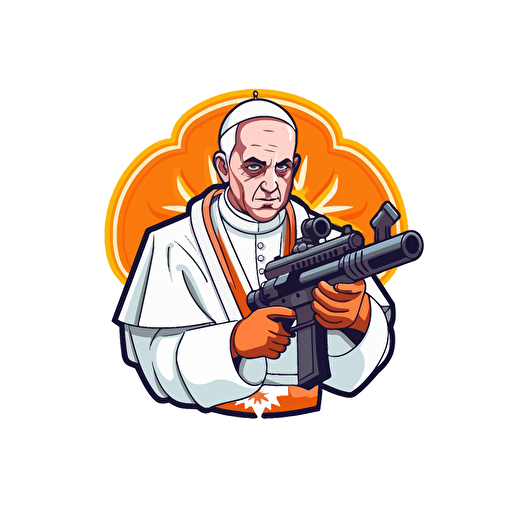 2D vector icon. Pope with a machine gun. Arsenal FC logo color theme and shape. White background