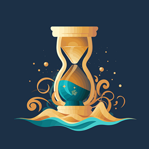A sand timer with a stylized beach scene at the top, Sand sifting through the middle changing to gold tokens staking up at the bottom, vector style logo, blue sea colour background, HD