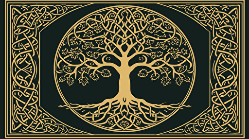Celtic Tree of life rectangle rug design, simple shapes, spooky theme, vector, bordered, fill frame