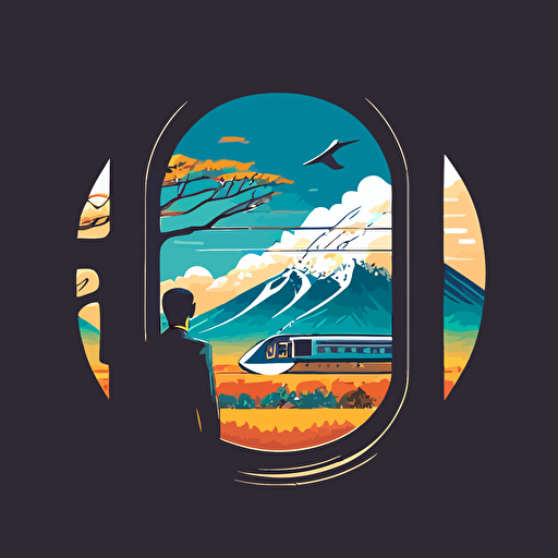 Inspired by the famous Japanese bullet train (Shinkansen), create a vector illustration of Satoshi Nakamoto traveling on the Shinkansen, admiring the beautiful landscapes passing by outside the window. Set the scene during a relaxing journey through the countryside.