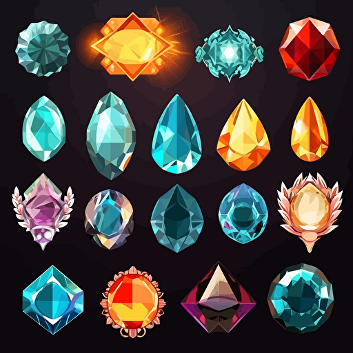 Collection of mythological cut jewels, hindu, translucent, shiny object, high detail, symmetrical, vector, cartoon