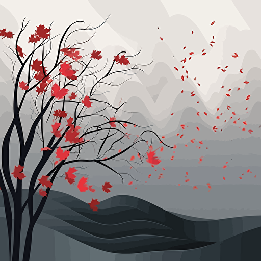 red flower petals blowing in the wind. Grey sky. November. Trees. Vector illustration