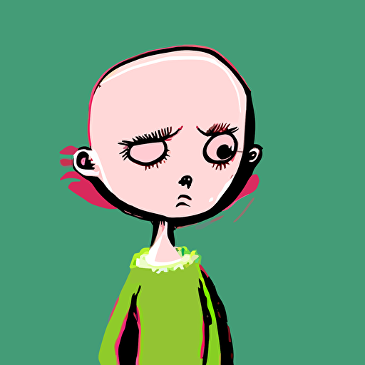 vector,pink,light green, bald girl, extremely big eyes