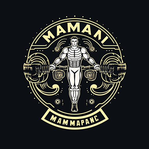 Retro iconic logo of muscular body with weights, white vector, on black backgroung