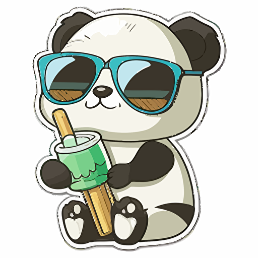 sticker, Panda eating a Bamboo Stick with sunglasses, kawaii, contour, vector, white background