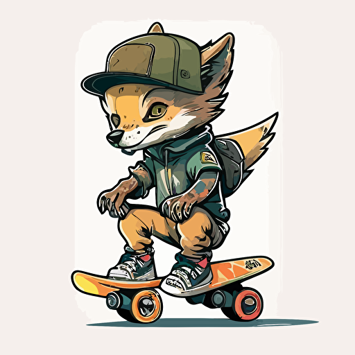 a wolf cub in streetwear is riding a, vector, illustration, full color, hd, cartoon, contour, white background