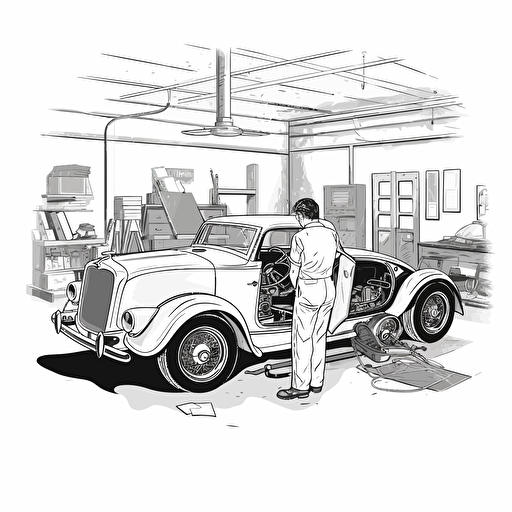 a guy working in his garage on restoring a classic car, black and white design, vector isolated on white