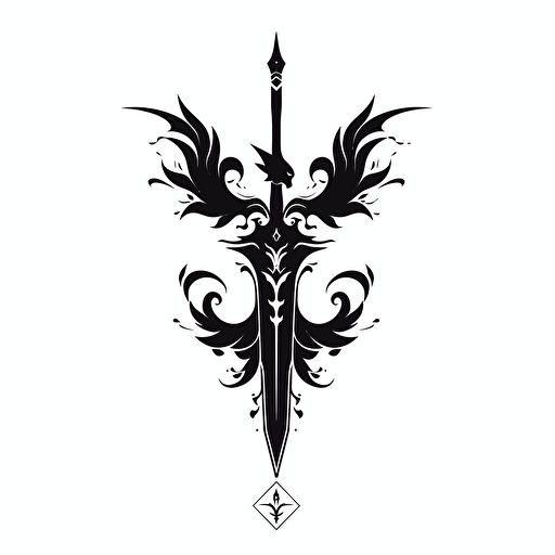 black logo of a sword that turns into a fountain pen with dragon wings and swirling ink, minimalistic, black logo on a white background, vector logo design
