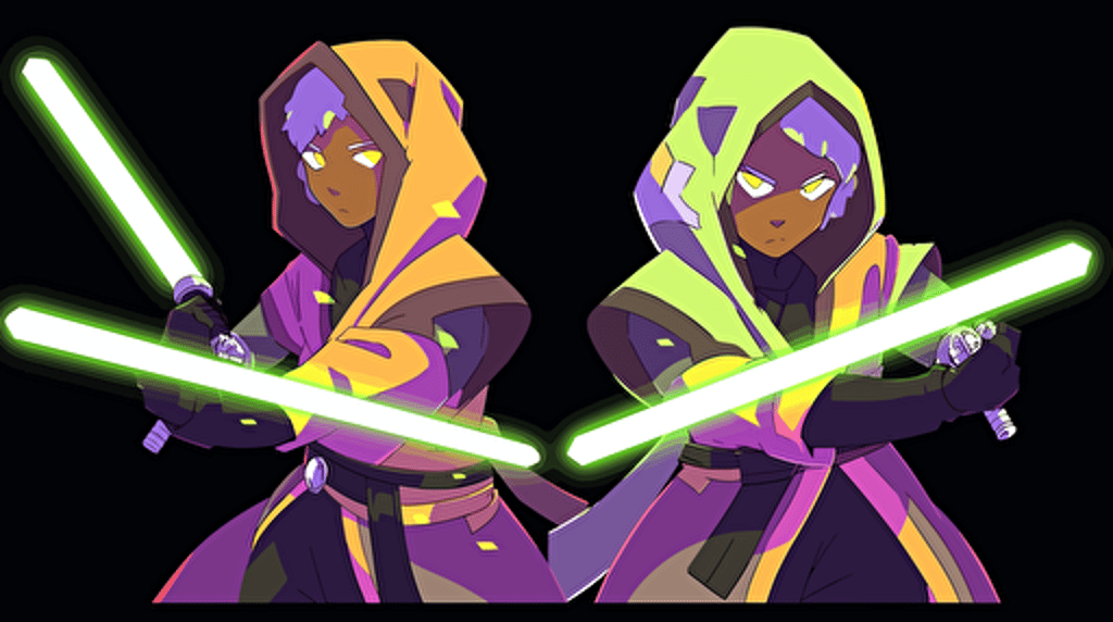 flat vector art, Jedi with green lightsaber, yellow and purple colors, brother and sister
