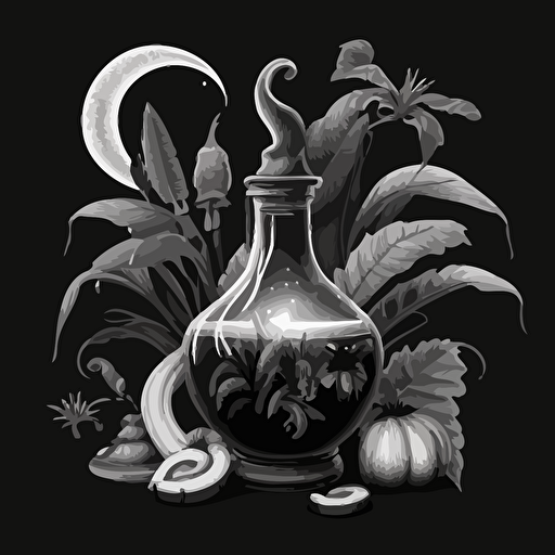 black and white vector image of magic potion and a bunch of bananas