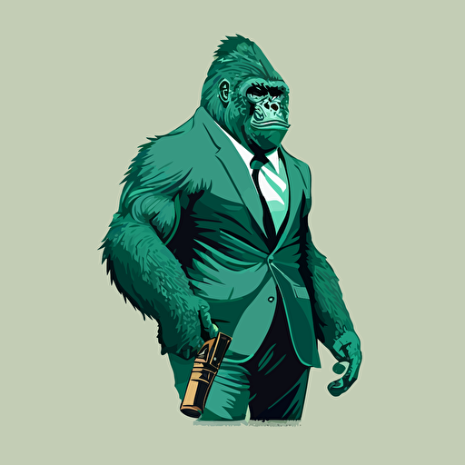 vector illustration of a gorilla in a green tuxedo and a machine gun