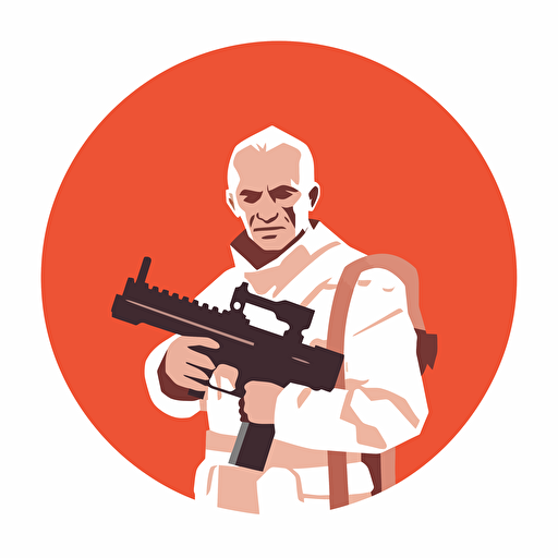 2D vector icon. Pope with a machine gun. Red and whitecolor theme. circle shape. White background