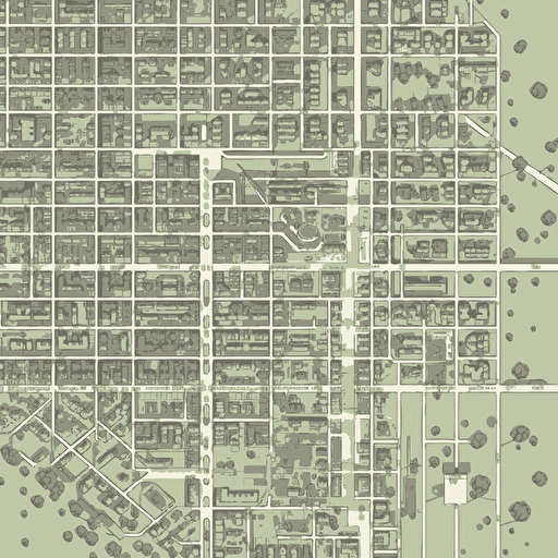 a fictional vectorized map of a city with block that each have numerous single buildings and parks