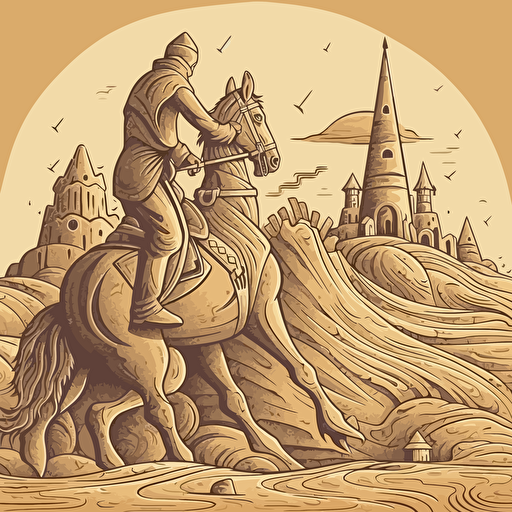 A knight, riding a tall horse, galloping in the desert, behind a sand castle made of sand, infinite compression, in the style of surrealism influence, ahmed morsi, precision influence, dynamic balance, vectorialism influence