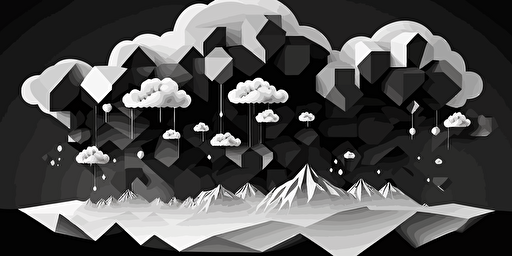 minimalist, vectorized, white and black colors, print layer , delicacy, elegant, polygon cloud and cubes, dark background