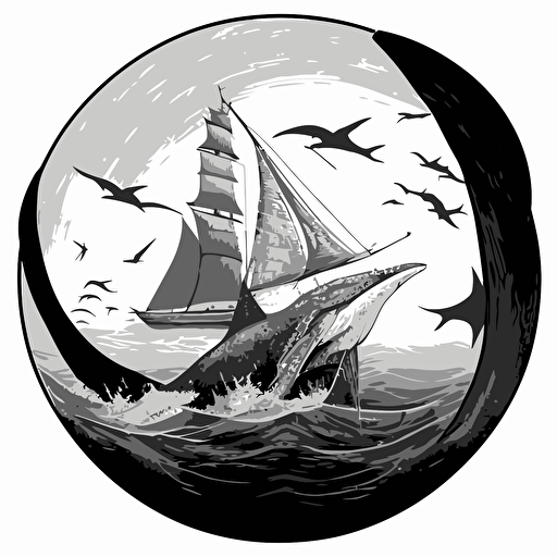vector drawing of a pterodactyl attacking a sailboat, black and white, circular