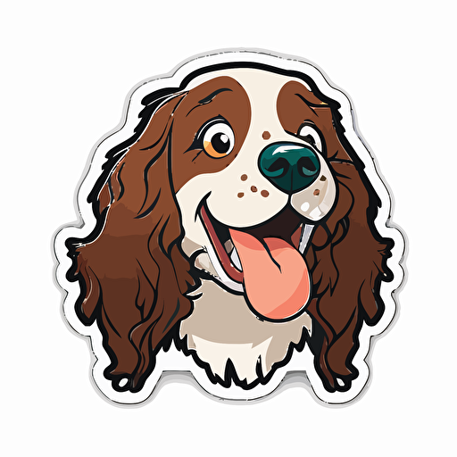 Cute, happy, smiling english springer spaniel dog head sticker logo, dog tongue out, chibi style, cartoon, clean, vector, 2d, white background, no accessories, without accessories, no text, without text