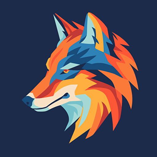 a blue and orange horizontal poster of a flat silhouette of a wolf's head. All in the style of solid flat vector illustration