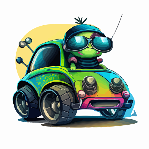 a very cute baby friendly alien cholo wearing very big sunglasses driving a low rider Volkswagen Beetle ,vector, cartoon, bright graffiti colors