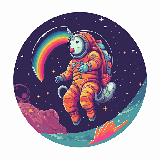 anthropomorphic unicorn in an astronaut suit riding a rainbow in space, vector style. design in circle. transparent background
