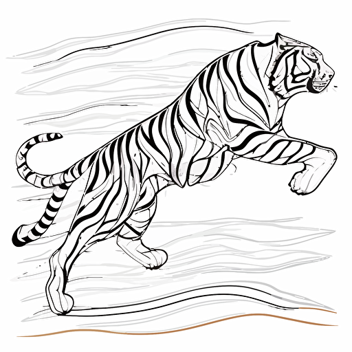 single continuous line drawing of jump running tiger for hunting, single black color, white background, vector illustration