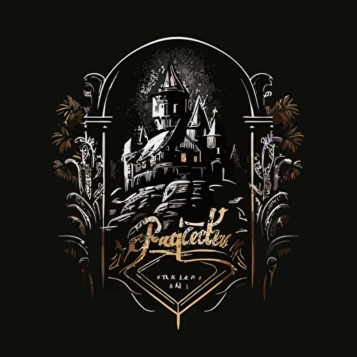 simple logo with a chest and castle, black background, vector