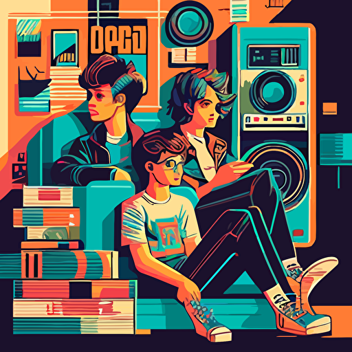 3 young, in the ´90, sitting on a couch. The walls have posters of rock bands. There is a shelf with stacked records. vectorial art geometric, similar Tom Whalen