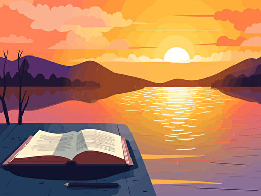 vector art of a lake, a Bible is open on a table in the foreground on the right side of the image, a sun is barely visible and setting, bright colors
