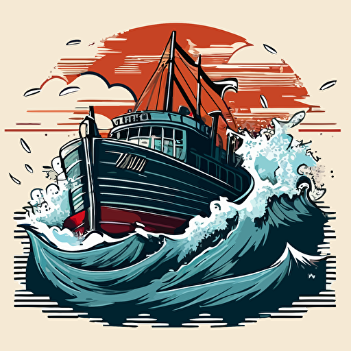 sticker art, vector logo, a beautiful ship crossing a raging sea,