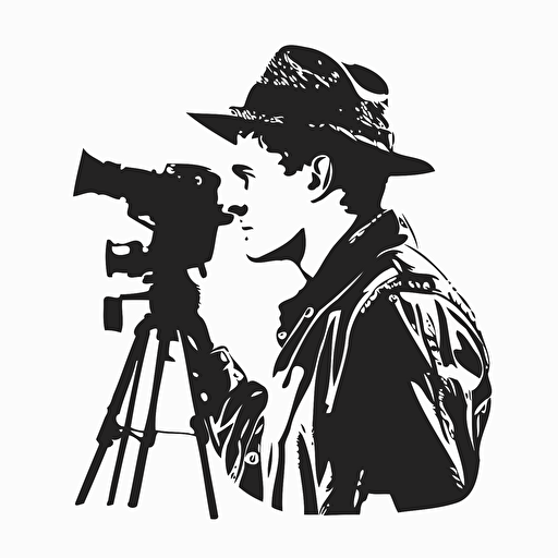silhouette of male filmmaker, line drawing, simple, white background, vector style