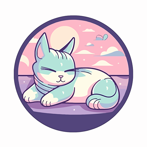 pastel neon anime style cat napping at the beach, inspired by studio ghibli, simple design, 2d, vectors. Design in circle with transparent backround