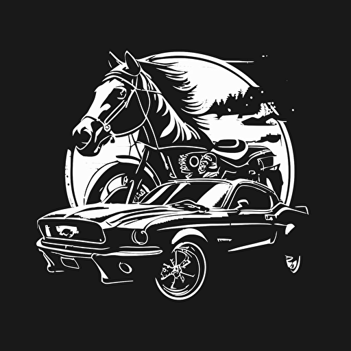 Motorcycle and Ford mustang in the logo, vector, black and white