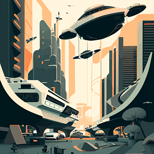 Vector Art of a futuristic city, showing flying vehicles, interconnected building pathways,