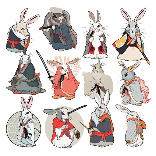 set of stickers: samurai hare hug, spmurai hare laugh, samurai hare kiss, samurai hare dream, samurai hare gnome, samurai hare thoughtfulness, on white background, vector,