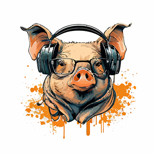 illustration of a pig for a logo, white background, unique and plain color, vector style, the focus is in the face of the pig, using a headphones in his ears,