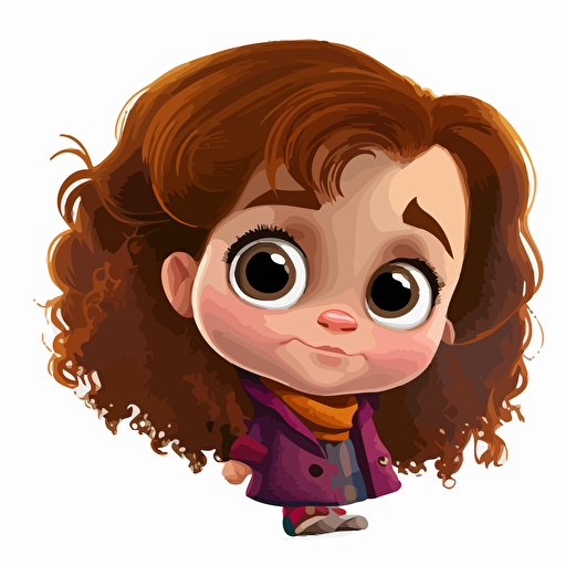 A saturated colorfull baby fur hermione granger, goofy looking, smiling, white background, vector art , pixar style