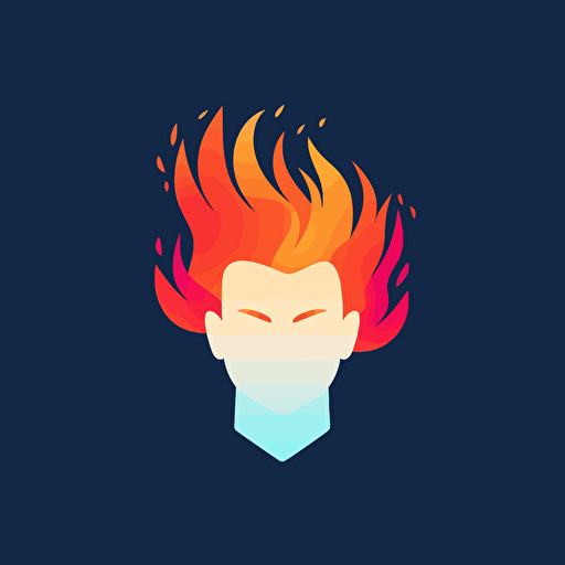 minimalistic vector logo, front face view of friendly AI with hair of fire, geometric and blocky, modern, clean, 3 colors