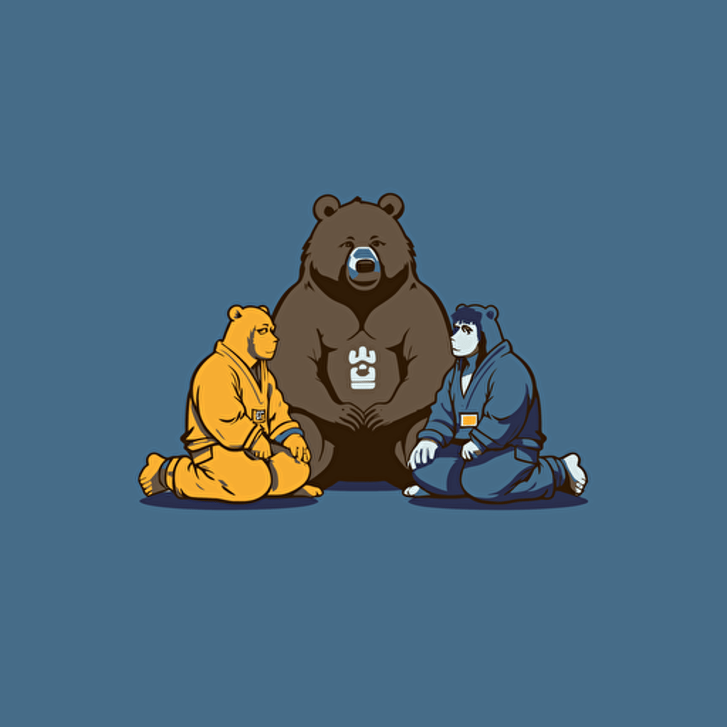 First Bear is layed out flat on the ground. Second Bear is standing slightly kneeling with one knee on First Bear's stomach, Both Bears wearing jiu jitsu clothes,, vector animation illustration, 4 colors limit, solid background, high resolution