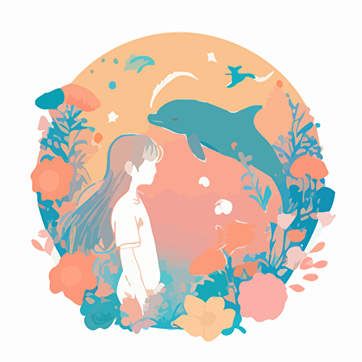 girl, Surrounded by flowers., A dolphin next to the girl, Tyndall light effect, Macaron color matching, Vector, A clean background, Gradient color, Modern minimalist illustration