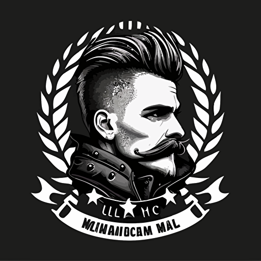 motorcycle club logo, mustache and mohawk hipster, simple vector, black and white, bottom ribbons