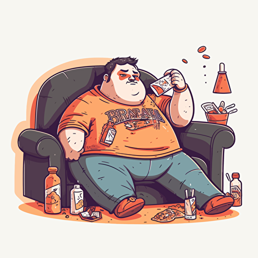 fat stoner on the couch design, playing playstation, eating pizza, drinking beer, 2d, vector, white background
