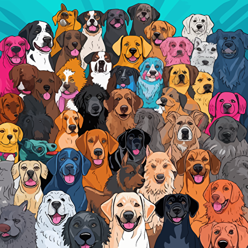 doodle drawing of a large group of cute dogs of various breeds using flat vector drawing in bright colors