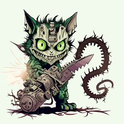 scary cat monster bring a chainsaw, digital art, vector, contour, white background