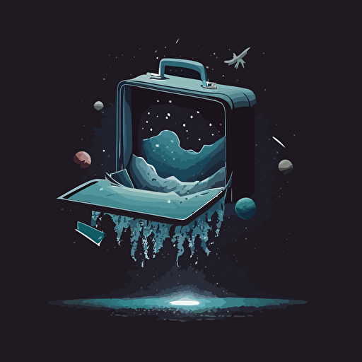 an illustrated scene of a quirky briefcase floating in space. Vector. Contrasting shadows. Moody.