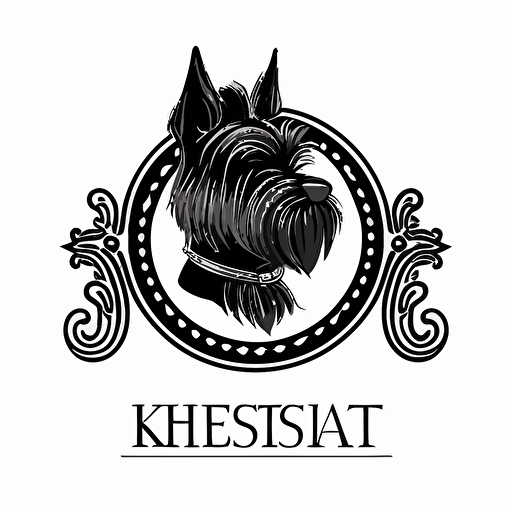 a maskot logo of a black scottish terrier with a white victorian ruffle collar, side profile, white background, vector
