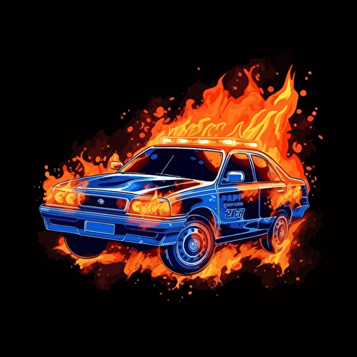police car on fire white on black background, no shading, 2D, vector,