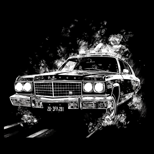 police car on fire in Mike Giants style of drawing, white on black background, no shading, 2D, vector,